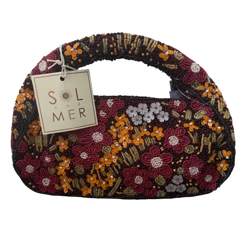 SOL and MER Floral Garden Wine Yellow Brown Multi Hobo Beaded Bag NWT